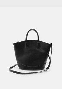 Black leather tote bag with a structured shape, featuring two handles and an adjustable shoulder strap, smooth texture, and minimalistic design.