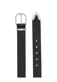 Μαύρη δερμάτινη ζώνη με αγκράφα σε ασημί απόχρωση, με υφή και μυτερή άκρη που διαθέτει πολλαπλές τρύπες ρύθμισης.