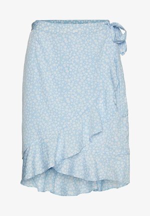 Light blue wrap skirt with small white floral pattern, ruffled hem, and side tie closure.