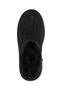 Schwarzer Slipper mit funkelnden Verzierungen, flauschigem Innenfutter und elastischem Zugband an der Rückseite für einfachen Zugang.