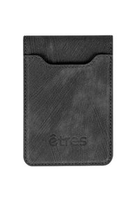 Black leather cardholder with a front slot, featuring subtle texture and visible stitching. Displays the embossed brand name "êtres" at the bottom.