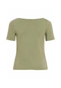 Grön bomullströja med korta ärmar, en vid halsringning och mjuk tygkänsla. Har en enkel, åtsittande design utan grafik.