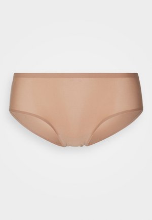 Beige hipster underwear made from smooth, stretchy fabric. Features a low-rise cut and seamless edges for comfort.