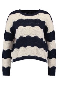 Strickpullover mit marineblauen und cremefarbenen Wellenstreifen, Rundhalsausschnitt, langen Ärmeln und cropped Saum. Strukturierter Stoff mit offenem Maschenmuster.