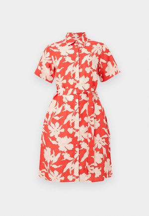 Czerwona sukienka na guziki z krótkim rękawem, kremowy kwiatowy wzór i materiałowy pasek w talii, kołnierzyk.
