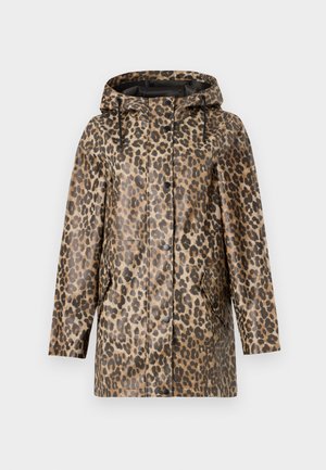 Leopard-print raincoat with a hood, featuring a button closure and side pockets. Set against a plain white background.