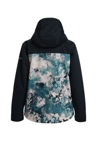 Jas met bloemenpatroon en een blauw-witte vervaging, zwarte mouwen en een kap. Het heeft een ritsluiting en is gemaakt van duurzaam materiaal.