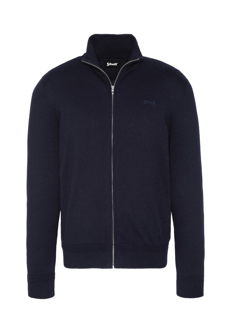 Granatowy sweter zapinany na zamek z wysokim kołnierzem, pleciona tekstura oraz subtelny detal z logo. Żebrowane mankiety i talia dla dopasowanego wyglądu.