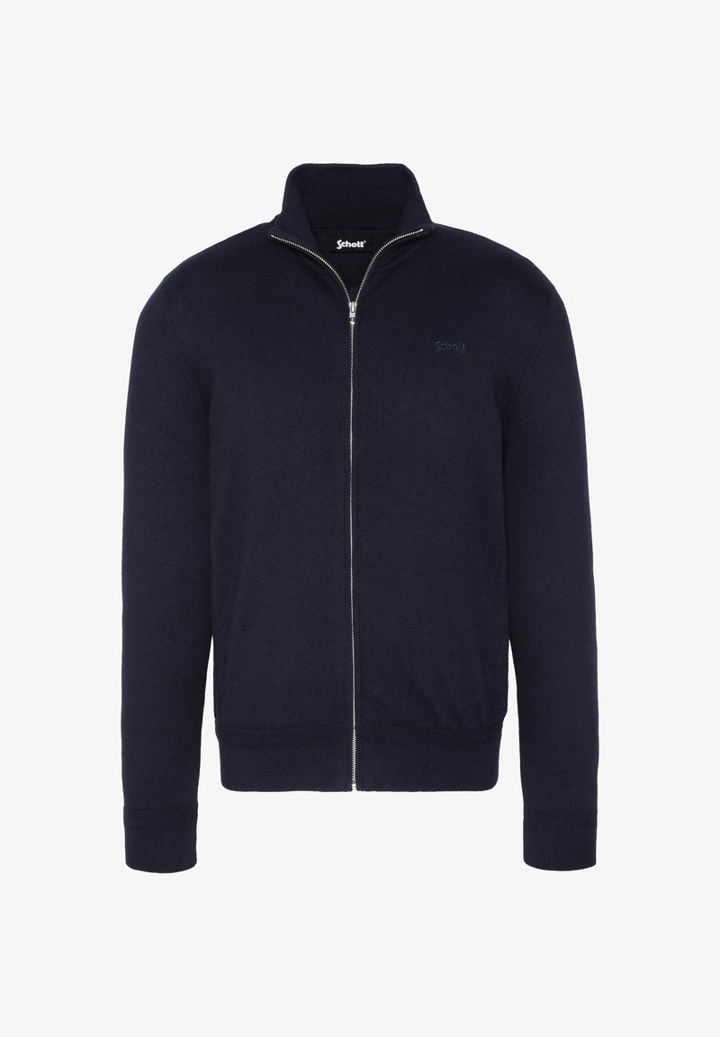 Granatowy sweter zapinany na zamek z wysokim kołnierzem, pleciona tekstura oraz subtelny detal z logo. Żebrowane mankiety i talia dla dopasowanego wyglądu.