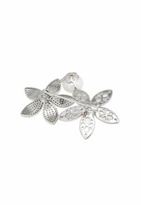 Silver floral brooch with perforated petals and a central pearl. Features a mix of smooth and textured surfaces, enhancing visual interest.