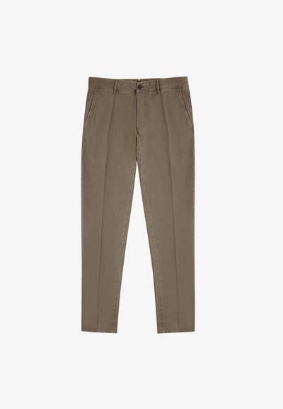 Khaki broek gemaakt van een katoenmix, met een rechte snit, twee vo pockets, een enkele knoopsluiting en een fijne textuur.