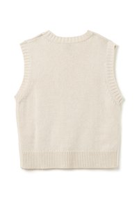 Beige gestrickte ärmellose Weste mit gerippten Kanten am Ausschnitt, den Armausschnitten und dem Saum, flach von hinten ausgelegt.
