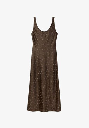 Rochie maronie cu bretele subțiri, având o silueta ajustată, cu un material texturat și buline albe mici, distribuite uniform pe întreaga țesătură.