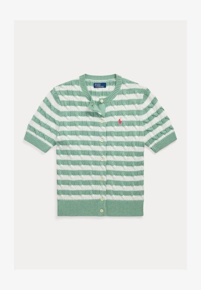 Polo Ralph Lauren STRIPED CABLE KNIT SHORT SLEEVE CARDIGAN - Kardigán - celadon heather