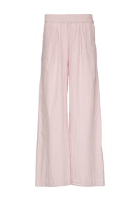 Pantalons larges rose clair avec des rayures verticales blanches, dotés d'une taille élastique et d'un coupe ample pour plus de confort.