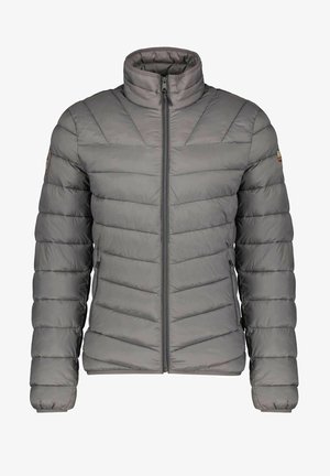 Harmaa toppatakki, jossa korkea kaulus, kalanruotokuvioitu tikkaus, vetoketjullinen etuosio ja joustavat kalvosimet. Hihoissa on logoplässi.