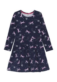 Laivastonsininen pitkähihaiset mekko, tehty pehmeästä kankaasta, jossa on kuvioita vaaleanpunaisista yksisarvisista ja tähdistä sekä laskoshelma.