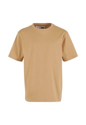 Béžové bavlnené tričko s okrúhlym výstrihom a krátkymi rukávmi. Mäkká textúra, bežný strih, bez vzorov alebo grafiky, jednoduchý dizajn.