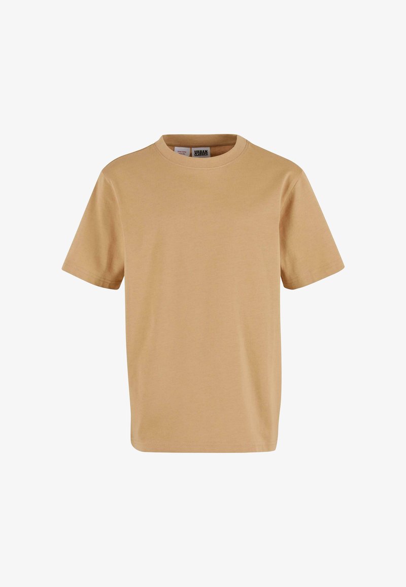 T-shirt beige en coton avec un col rond et des manches courtes. Texture douce, coupe régulière, sans motifs ni graphiques, design simple.