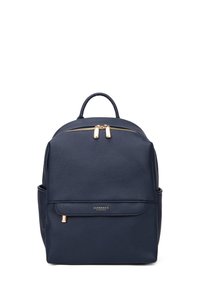 Zaino in pelle navy con texture liscia, dettagli in oro sulla zip, spallacci regolabili e una tasca frontale con logo.