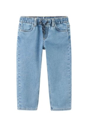 Hellblaue Kinderjeans mit elastischem Bund und navy Kordel, Taschen vorne und hinten, gerader Beinschnitt.