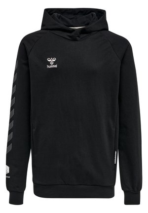 Hoodie noir avec une poche kangourou, logo sur la poitrine et motif rayé sur la manche gauche. Fabriqué dans un tissu doux avec des manches côtelées.