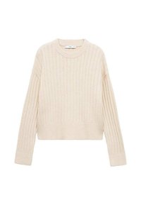 Pulover ribbed cu maneci lungi, de culoare crem, cu decolteu rotund și lungime scurtă. Are un finisaj texturat și un tiv elastic.