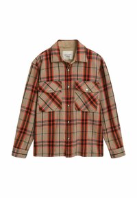 Flanellhemd mit einem beigen, roten und grünen Karomuster. Lange Ärmel, zwei vordere Taschen mit Druckknopfverschlüssen und ein Kragen.