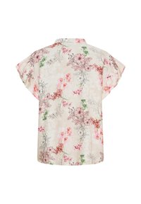 Blomstrede kortærmede skjorte i lys beige med pink og grønne blomster, med en krave og en løs, afslappet pasform.