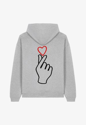 Graue Zip-Hoodie mit einem schwarzen Umriss einer Hand, die ein Fingerherz macht, und einem roten Herzen darüber auf dem Rücken.