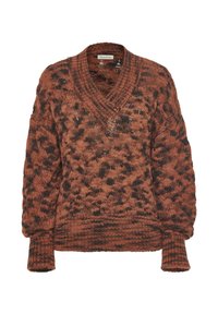 Maglione a maglia in arancione bruciato e nero, con scollo a V, maniche oversize e un motivo testurizzato su tutta la superficie. Polsini e orlo a coste spesse.