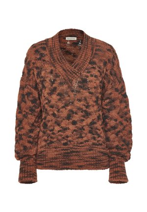 Maglione a maglia in arancione bruciato e nero, con scollo a V, maniche oversize e un motivo testurizzato su tutta la superficie. Polsini e orlo a coste spesse.