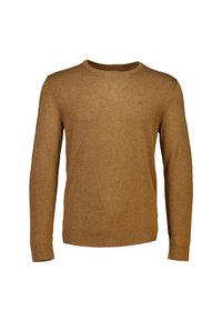 Maglione marrone a girocollo realizzato in tessuto a maglia. Presenta maniche lunghe, polsini a coste e un logo discreto sul petto.