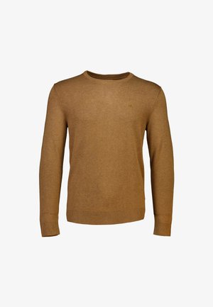 Brauner Pullover mit Rundhalsausschnitt aus Strickstoff. Verfügt über lange Ärmel, gerippte Bündchen und ein dezentes Logo auf der Brust.