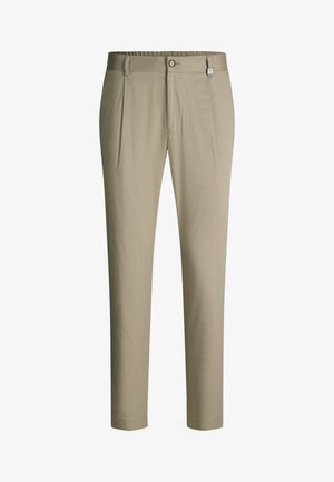 Pantaloni slim fit beige con chiusura con bottone e zip, passanti per cintura e pieghe sul davanti.