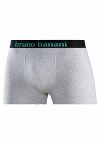 Sive bombažne boksarice z črnim pasom, ki vsebujejo teal "bruno banani" blagovno znamko, gladko teksturo in oprijet obliko.