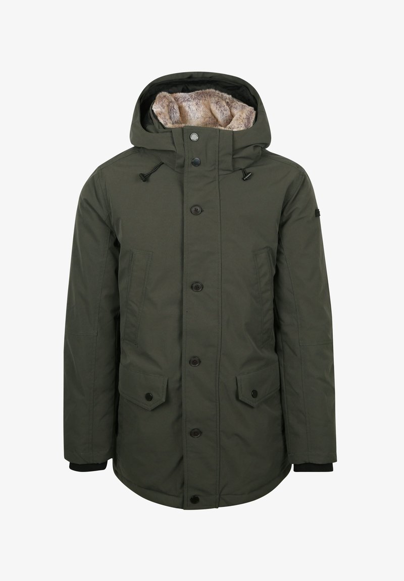 Olijfgroene geïsoleerde jas met een capuchon gevoerd met imitatiebont, knoopsluiting aan de voorkant, twee grote klepzakken en verstelbare trekkoorden.