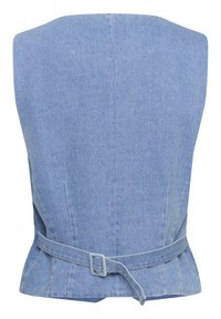 Denim brezrokavnik v svetlo modri barvi, s prilegnjeno obliko, pasom z zaponko iz kovine in teksturirano tkanino.