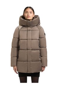 Puffer jacket in taupe color, featuring a large hood, quilted design, zippered pockets, and smooth, shiny finish.