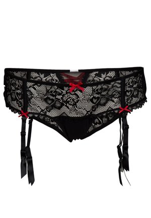 Black lace lingerie with red accents. Features floral patterns, a scalloped edge, and satin ribbons at the side for adjusting garter straps.