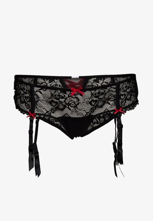 Zwarte kanten lingerie met rode accenten. Kenmerkt zich door bloempatronen, een gekartelde rand en satijnen linten aan de zijkant voor het aanpassen van de kousenbanden.