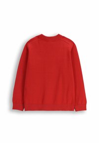 Czerwony sweter dziany na drutach, z długim rękawem, okrągłym dekoltem, gładką teksturą, prążkowanymi mankietami i dołem, bez widocznych wzorów ani akcentów. Widok z tyłu.