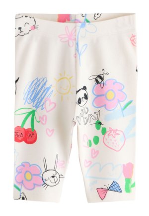 Detské biele legíny s farebnými čmáranicami, vrátane kvetov, čerešní, slnka, panda tváre, motýľa, sŕdc a slov "Dobrý deň."