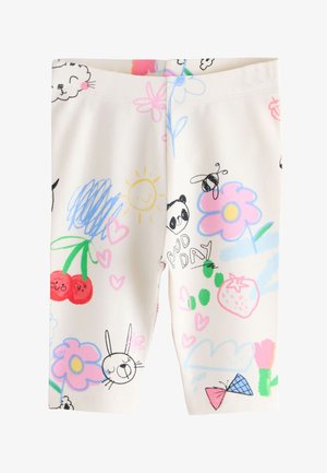 Witte kinderleggings met kleurrijke krabbels, waaronder bloemen, kersen, zon, panda-gezicht, vlinder, harten en de woorden "Goede dag."