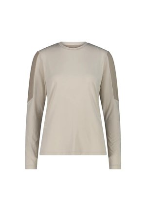 Camisa beige de manga larga con cuello redondo y paneles beige más oscuros en la parte externa superior de las mangas, delantero liso, tela suave.