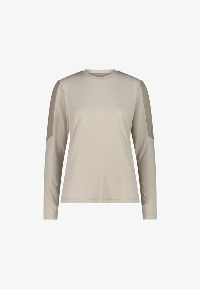 Chemise beige à manches longues avec col rond et panneaux beige plus foncé sur le haut extérieur des manches, devant uni, tissu lisse.