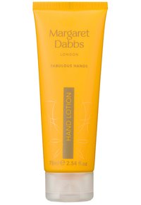 Gelber Quetschbehälter mit Handcreme, beschriftet mit "Fabulous Hands", mit grauem Text und dekorativen Linien; Größe 75 ml; transparenter Boden.