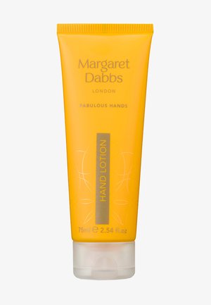 Tube de lotion pour les mains jaune, étiqueté "Mains Fabuleuses", avec un texte gris et des lignes décoratives ; taille de 75 ml ; bas transparent.