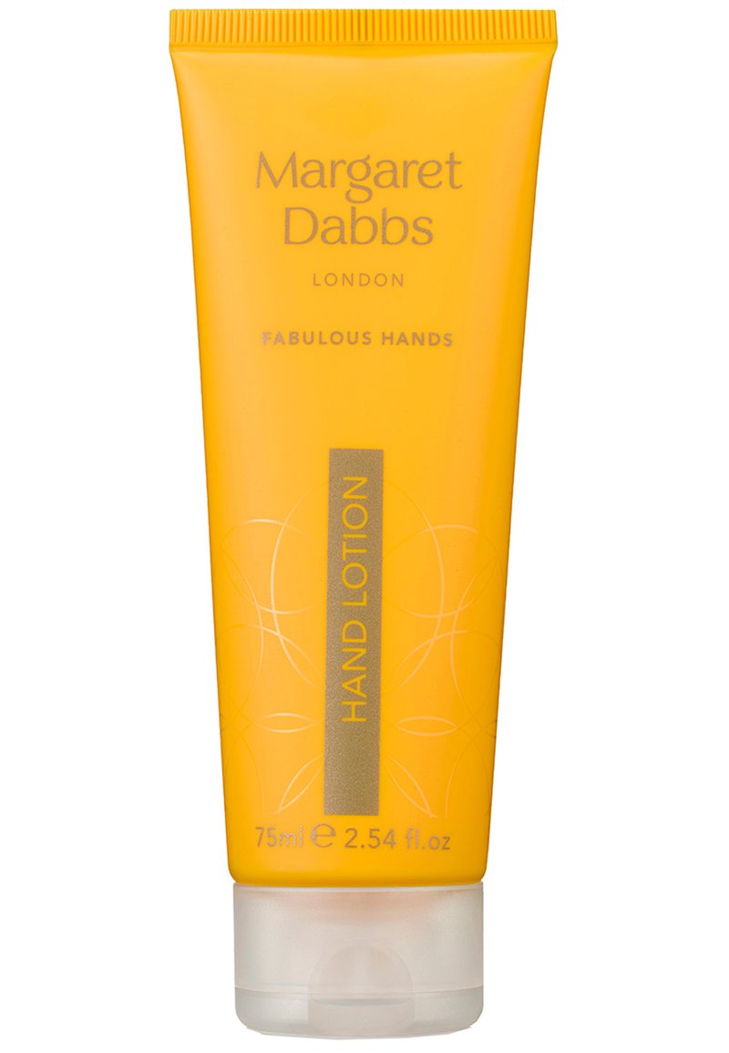 Gelber Quetschbehälter mit Handcreme, beschriftet mit "Fabulous Hands", mit grauem Text und dekorativen Linien; Größe 75 ml; transparenter Boden.