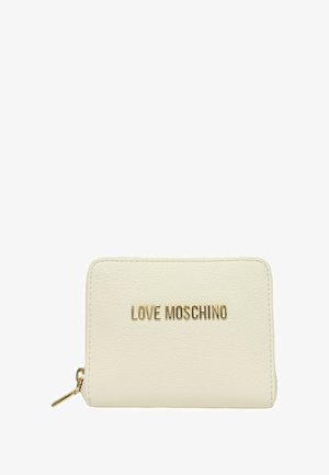 Portafoglio in pelle crema con finitura texture, caratterizzato dal logo "LOVE MOSCHINO" in tonalità dorata e una chiusura con zip sul lato.